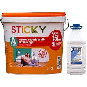 Pachet vopsea superlavabila Sticky A-Klass, antimucegai, alb, 15l + amorsa 4l