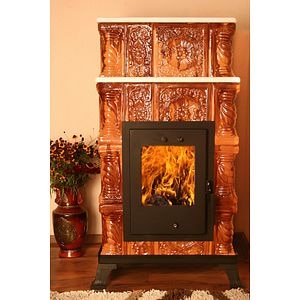 Semineu teracota pe lemne, maro, 4 randuri, capac de marmura, 45.5 x 56.5 x 115 cm 