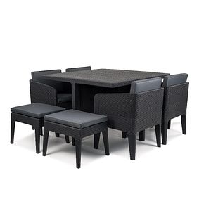 Set mobilier gradina, gri, ratan, 9 persoane, 9 piese, masa + 4 fotolii + 4 tabureti, include perne • Columbia
