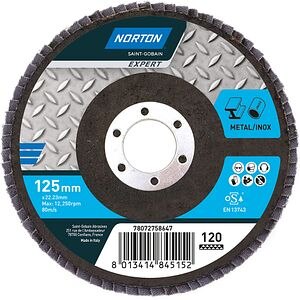 Disc lamelar frontal NORTON, 125 x 22 mm, P120, oxid de aluminiu, albastru