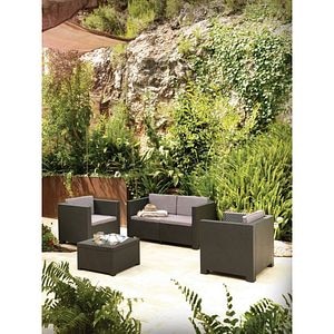 Set mobilier gradina, gri, ratan, 4 persoane, 4 piese, masa + 2 fotolii + canapea, include perne • Blooma Diva