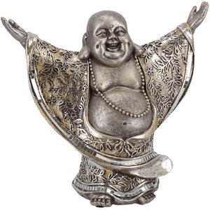 Statueta decorativa Buddha Funshi, rasina, 10 x 22 x 20 cm, argintiu