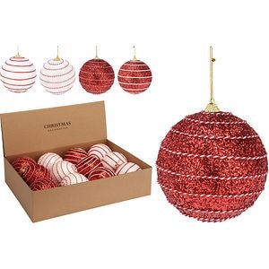 Glob brad de Craciun cu glitter si snur, 10 cm, alb-rosu
