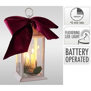 Felinar cu lumanare LED si fundita, 14 x 30 cm, alb
