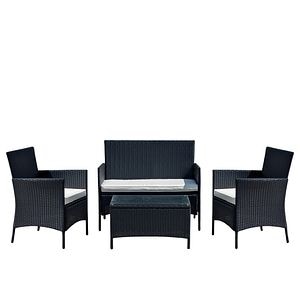 Set mobilier gradina, negru, ratan, 4 persoane, 4 piese, masa + canapea + 2 scaune, include perne •