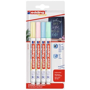 Set marker pentru sticla EDDING 4085, creta lichida pe baza de apa, 1-2 mm, 4 buc, albastru, verde, roz, galben