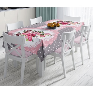Fata de masa Flowers, poliester + bumbac, 140 x 180 cm, roz-gri