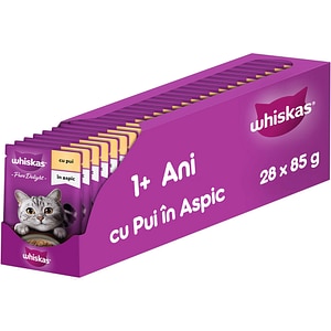 Hrana umeda pentru pisici WHISKAS Pure Delight, Adult, Pui in aspic, 28 x 85 g