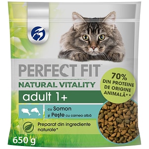 Hrana umeda pentru pisici PERFECT FIT Natural Vitality, Adult, Somon si peste, 650 g