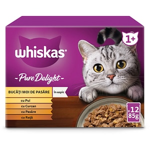 Hrana umeda pentru pisici WHISKAS Pure Delight, Adult, Pasare in aspic, 12 x 85 g