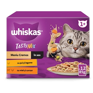 Hrana umeda pentru pisici WHISKAS Tasty Creamy Creations, Adult, Mix in sos, 12 x 85 g