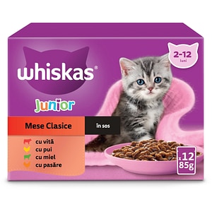 Hrana umeda pentru pisici WHISKAS Mese Clasice, Junior, Mix in sos, 12 x 85 g