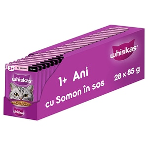 Hrana umeda pentru pisici WHISKAS, Adult, Somon in sos, 28 x 85 g
