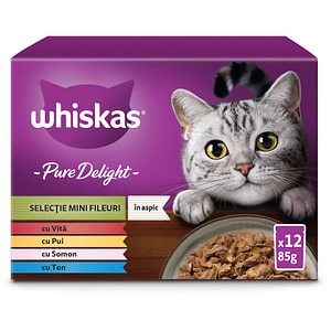 Hrana umeda pentru pisici WHISKAS Pure Delight, Adult, Mix in aspic, 12 x 85 g