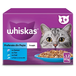 Hrana umeda pentru pisici WHISKAS, Adult, Peste in aspic, 12 x 85 g