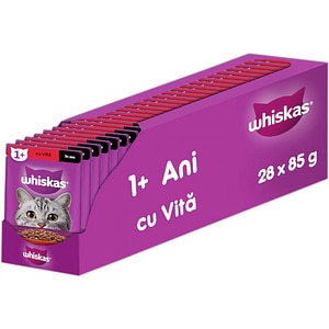 Hrana umeda pentru pisici WHISKAS, Adult, Vita in sos, 28 x 85 g
