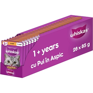 Hrana umeda pentru pisici WHISKAS, Adult, Pui in aspic, 28 x 85 g