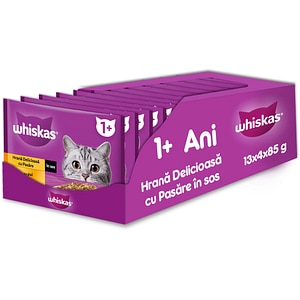 Hrana umeda pentru pisici WHISKAS, Adult, Pasare in sos, 13 x 4 x 85 g