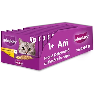 Hrana umeda pentru pisici WHISKAS, Adult, Pasare in aspic, 13 x 4 x 85 g