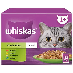 Hrana umeda pentru pisici WHISKAS, Adult, Mix in aspic, 12 x 85 g