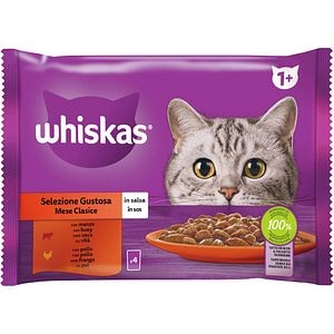 Hrana umeda pentru pisici WHISKAS Mese Clasice, Adult, Mix in sos, 4 x 85 g