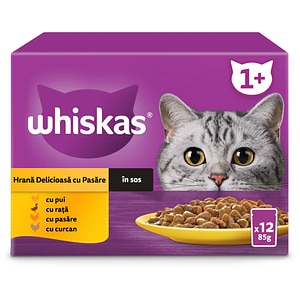 Hrana umeda pentru pisici WHISKAS, Adult, Pasare in sos, 12 x 85 g