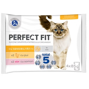 Hrana umeda pentru pisici PERFECT FIT Sensitive, Adult, Pui si somon, 13 x 4 x 85 g