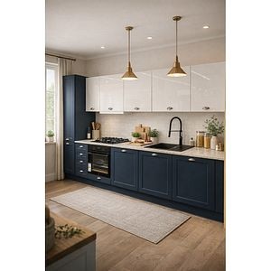 Mobila bucatarie Artemisia-Alisma, PAL, 330 x 60 x 216 cm, albastru-alb lucios