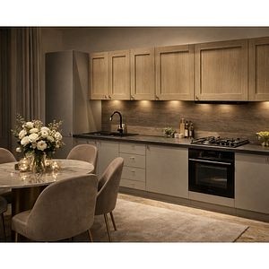 Mobila bucatarie Balsamita-Alpinia, PAL, 330 x 60 x 216 cm, gri-stejar