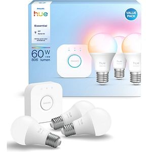 Kit 3 becuri LED Smart PHILIPS Hue Essential, E27, 8W, 806lm, Wi-Fi, lumina variabila + Consola