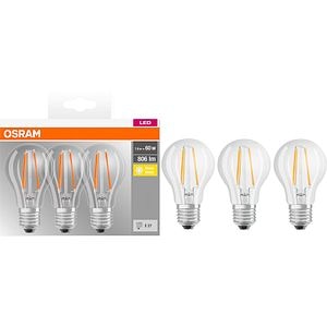 Set 3 becuri LED Osram Base Filament A60, E27, 7W, 806lm, 2700K, clasa energetica E