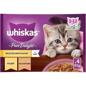 Hrana umeda pentru pisici WHISKAS Pure Delight, Junior, Pui si curcan, 4 x 85 g