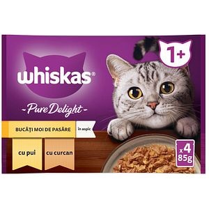 Hrana umeda pentru pisici WHISKAS Pure Delight, Adult, Pui si curcan, 4 x 85g