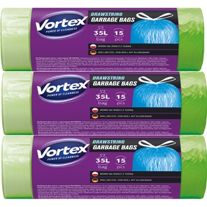 Set saci menajeri cu sistem de legare VORTEX, 3 x 15 bucati, 35 l, verde