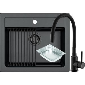 Pachet chiuveta ALVEUS Atrox 30 G91, 1 cuva, compozit granit, baterie Flexa F, accesorii, negru