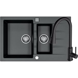 Pachet chiuveta ALVEUS Cadit 70 G91, 1 1/2 cuve, picurator reversibil, compozit granit + baterie Primrose G91, negru