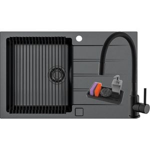 Pachet chiuveta ALVEUS Cadit 20 G91, 1 cuva, picurator reversibil, compozit granit + baterie Flexa F + accesorii, negru