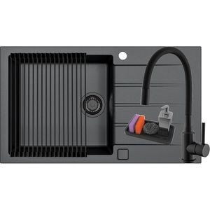 Pachet chiuveta ALVEUS Cadit 40 G91, 1 cuva, picurator reversibil, compozit granit, baterie Flexa F, accesorii, negru