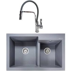 Pachet chiuveta SANDONNA Edyta 79, 2 cuve, compozit granit + baterie, gri