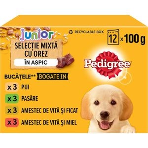 Hrana umeda pentru caini PEDIGREE Junior, Selectie mixta cu orez in aspic, 12 x 100g