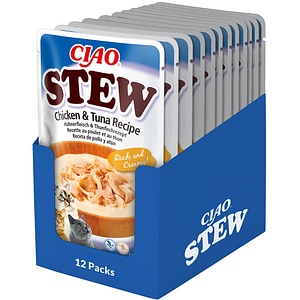 Hrana umeda pentru pisici INABA Ciao Churu Stew, Adult, Pui si Ton in sos, 12 x 40 g