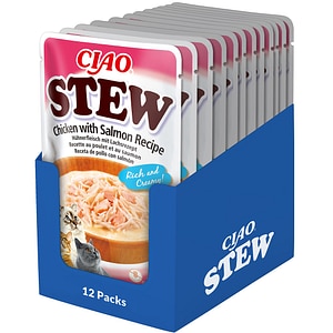 Hrana umeda pentru pisici INABA Ciao Churu Stew, Adult, Pui si Somon in sos, 12 x 40 g