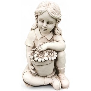 Decoratiune gradina Fata cu flori, fiberclay, 26 x 24 x 43.5 cm, alb