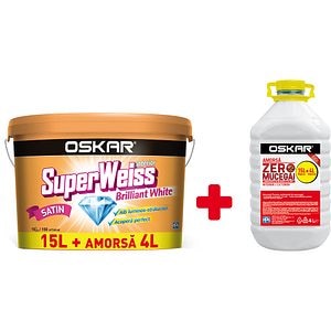 Pachet Vopsea interior super lavabila Oskar SuperWeiss, 15L+ Amorsa Zero Mucegai, Oskar, 4L