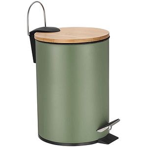 Cos gunoi pentru baie FRANDIS P354363, 3 l, rotund, metal, capac bambus, verde masliniu