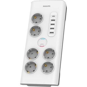 Prelungitor cu protectie PHILIPS SPN7060WA/58, 6 prize, 5 x USB, 2m, Protectie copii, alb