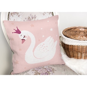 Fata perna decorativa Swan, 30% bumbac + 70% poliester, 43 x 43 cm, alb-roz