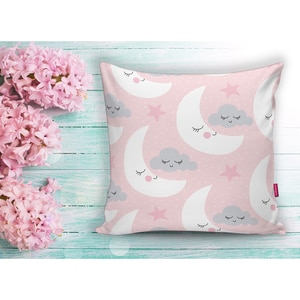 Fata perna decorativa Points Moon and Cloud, 30% bumbac + 70% poliester, 43 x 43 cm, roz