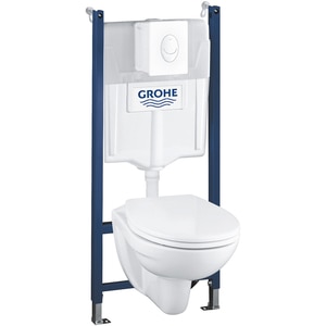Set vas WC GROHE Solido Compact 39116000, montaj suspendat, evacuare orizontala, cu capac, alb