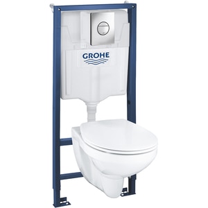 Set vas WC GROHE Bau Ceramic 39499000, montaj suspendat, evacuare orizontala, cu capac, alb